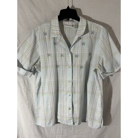 Alfred Dunner Women’s Short Sleeve Size 14 Lt Blue Pastel Plaid Button Up Blouse - Picture 1 of 9